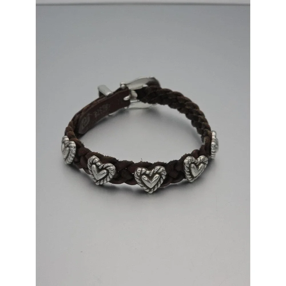 Vtg BRIGHTON Signed 1994 Bracelet Braided Leather Brown Silver Hearts FREE $HIP!